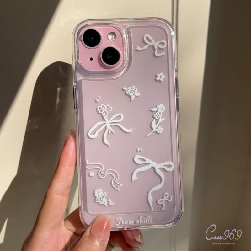 เคส IPhone 13 11 12 15 14 Pro Max XR XS Max 8 X 7 15 14 Plus SE IPhone 15 14 13 12 สีชมพูใส และสีน้ำเงินโบว์ ที่ห้อยลงมา