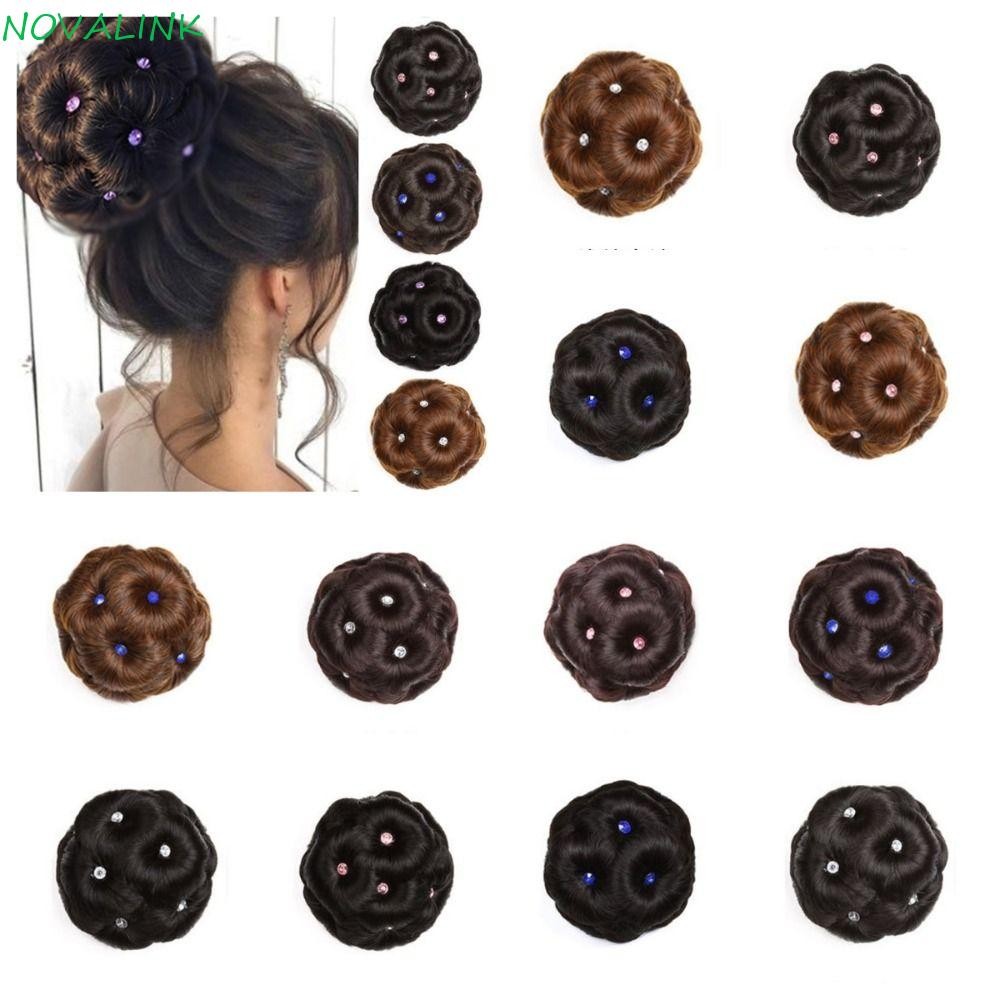 Novalink เก้าดอกไม้ Chignon, ธรรมชาติปลอมคริสตัลมวยสังเคราะห์,อินเทรนด์สีน้ําตาล Scrunchie ผม Extension Curly Chignon เจ้าสาว
