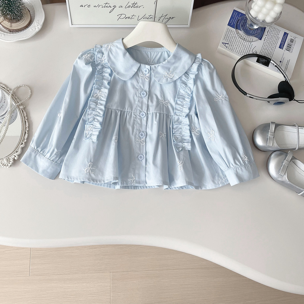 ฤดูใบไม้ร่วงหวานเด็กสาวกุทัณฑ์เย็บปักถักร้อยลูกไม้ปกเสื้อแขนยาว