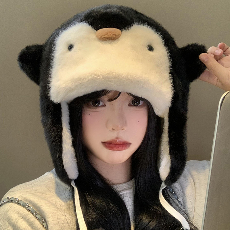 หมวกตุ๊กตาเพนกวินน่ารักหญิงฤดูใบไม้ร่วงฤดูหนาวเย็นหลักฐานหนาอบอุ่นป้องกันหู Lei Feng หมวกแสดงใบหน้าขนาดเล็ก Cy