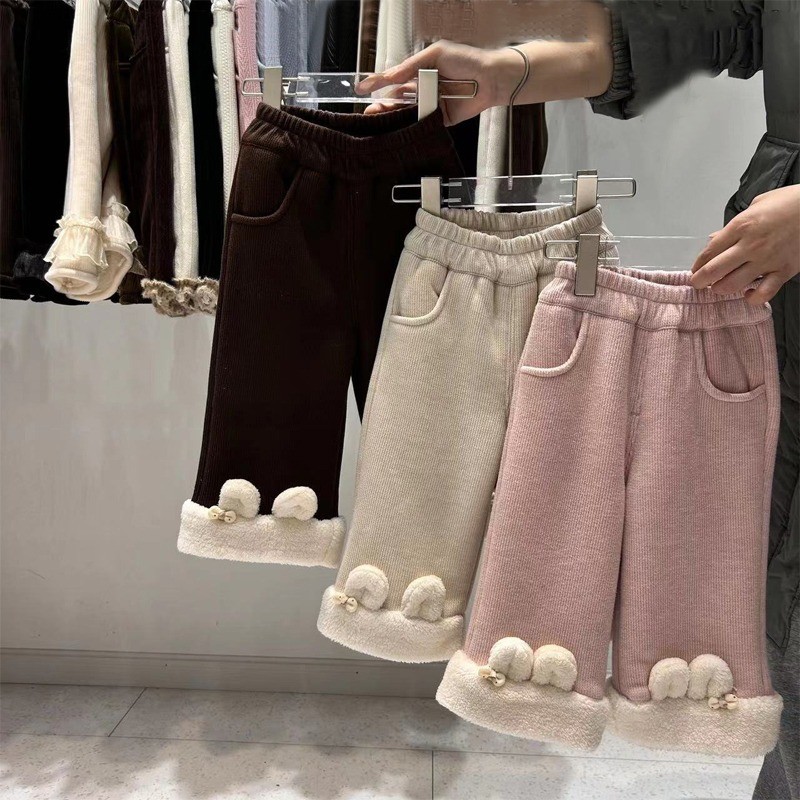 กางเกงซับในผ้าฟลีซสำหรับเด็กผู้หญิง Baby Western Style one-piece lambswool Casual flared pants Outer Wear