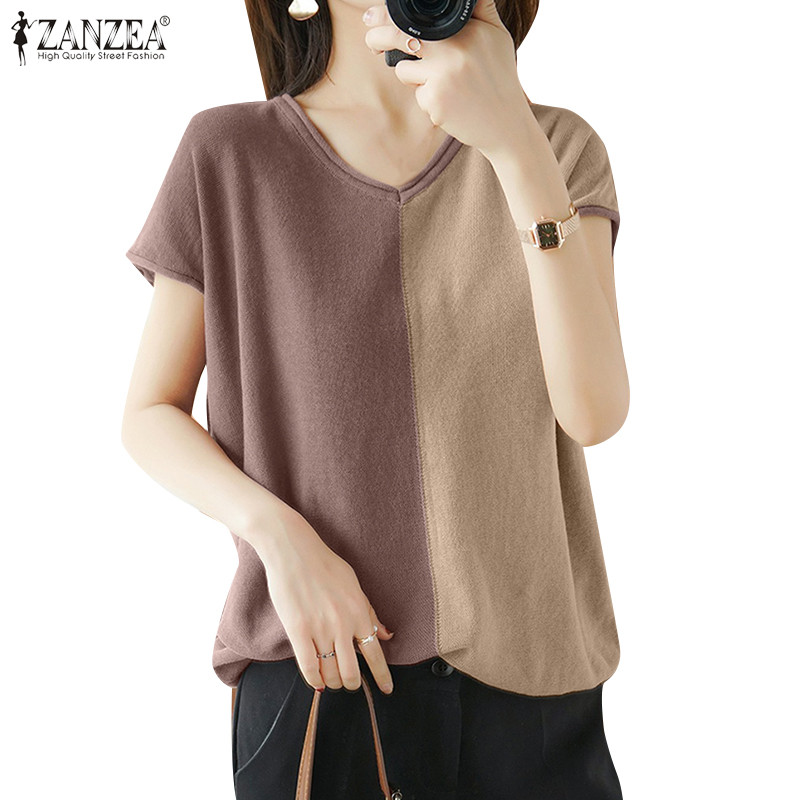 ZANZEA ใส่ ซานเซีย ผู้หญิงแฟชั่นเกาหลีคอวีแขนสั้นคมชัดสีเสื้อยืด