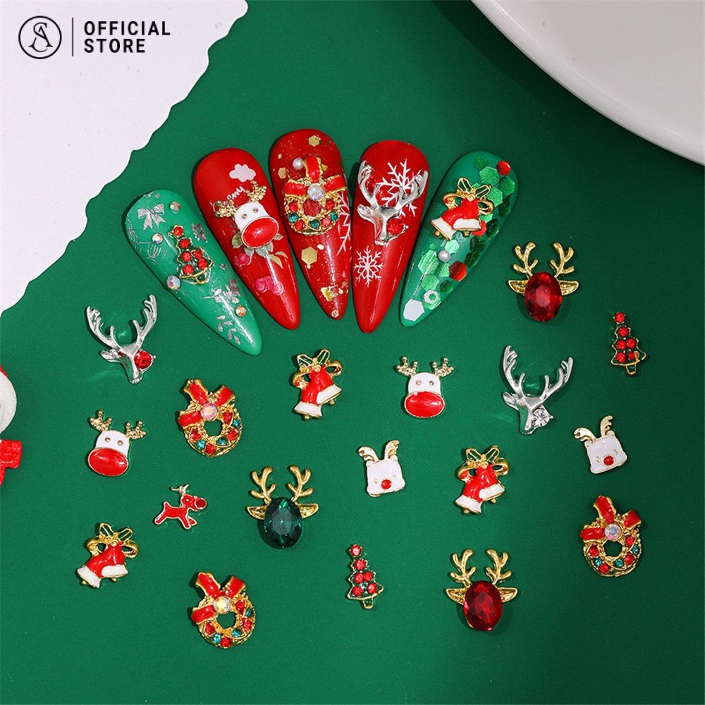 อุปกรณ์เล็บคริสต์มาส เพชร ต้นคริสต์มาสกวางระฆัง โลหะผสม พลอยเทียม เครื่องประดับเล็บ 10 ชิ้น