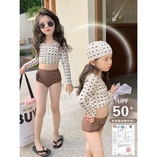 ชุดว่ายน้ําเด็กผู้หญิง ชุดว่ายน้ําเด็ก ครีมกันแดดแขนยาว แฟชั…