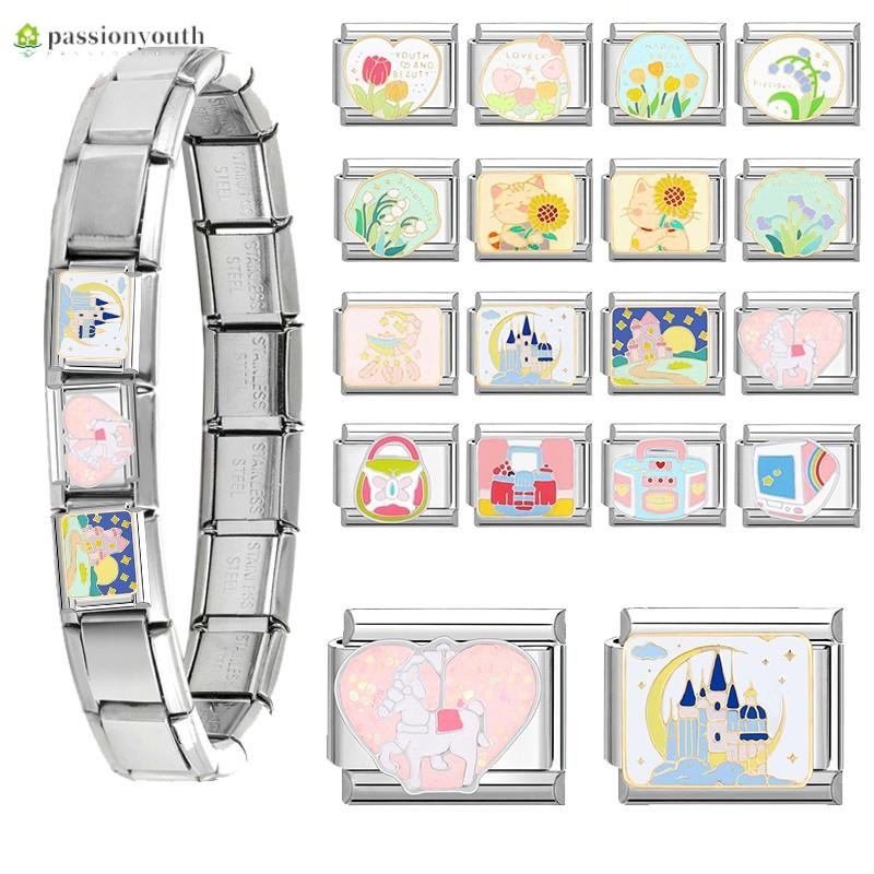 2024 ดอกไม้ปราสาท Charm Italian Links สร้อยข้อมือสแตนเลส 9 มม.สําหรับผู้หญิง DIY เครื่องประดับ