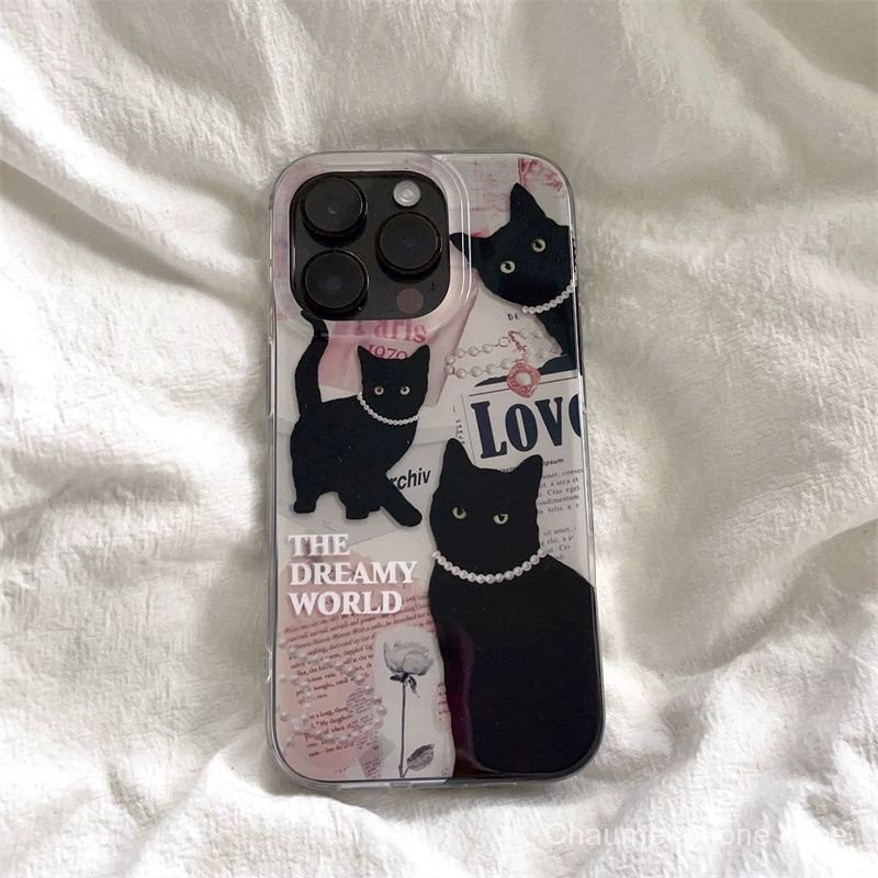 Ins สีดำลายแมวเล็กเข้ากันได้กับ iphone16promax เคสโทรศัพท์มือถือสำหรับ iPhone 15เฉพาะ14เคสนิ่มกันกระแทก XR 13สไตล์เกาหลี b5jm
