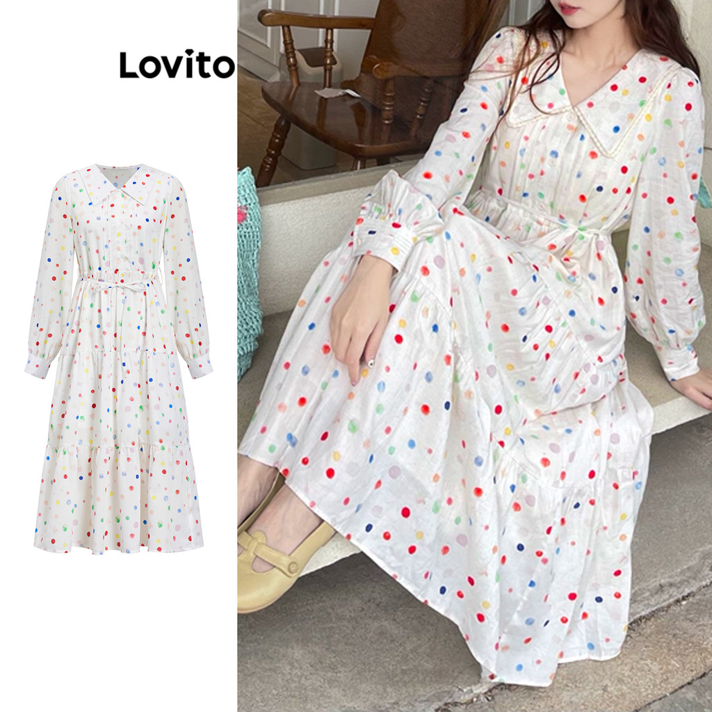 Lovito ลายจุดน่ารักผูกหลังชุดเดรสสองชั้นสำหรับผู้หญิง L102AD304