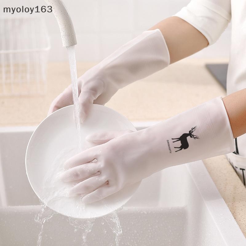 Myoloy สไตล์เรียบง่ายถุงมือล้างจานในครัวเรือนผู้หญิงซักผ้าเสื้อผ้าถุงมือยางกันน้ําบางในครัวเรือนแปรงชามถุงมือยาง TH