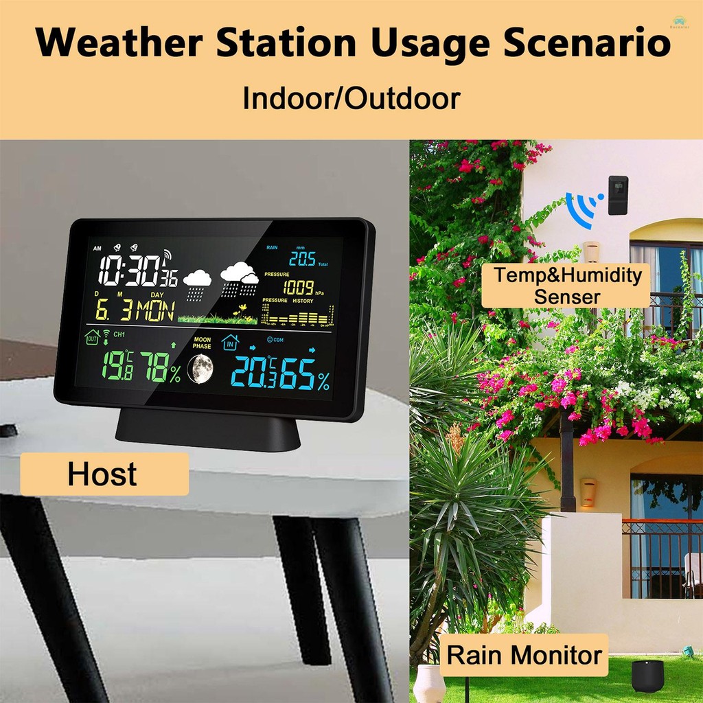 Yb1 Weather station7.5- นิ้วหน้าจอสีสถานีอากาศ Rain Gauge ในร่มและกลางแจ้งอุณหภูมิและความชื้นสถานีอากาศพร้อมจอแสดงผล Moon Phase ความดันบรรยากาศ