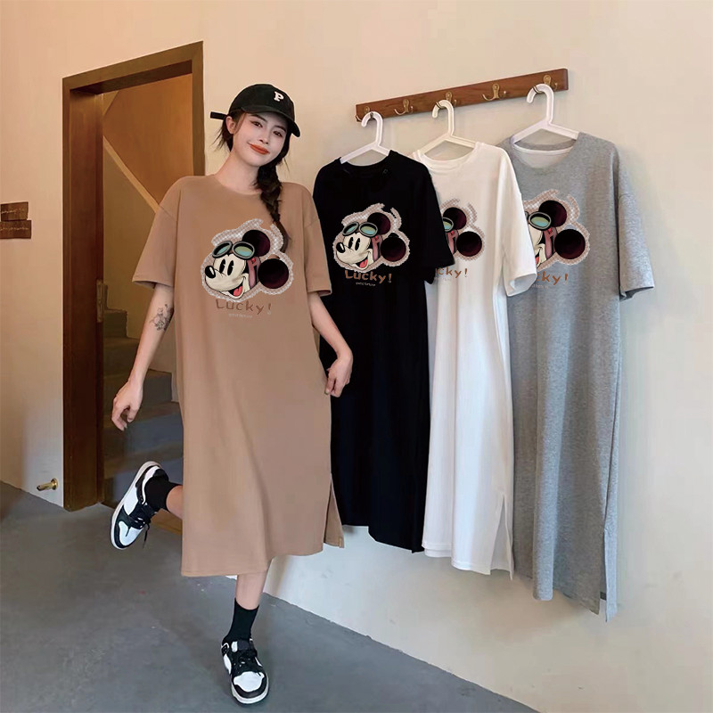 แฟชั่นฤดูร้อนการ์ตูนพิมพ์ขนาดใหญ่ชุดหลวมลําลองผู้หญิงแขนสั้นชุดกระโปรงยาว