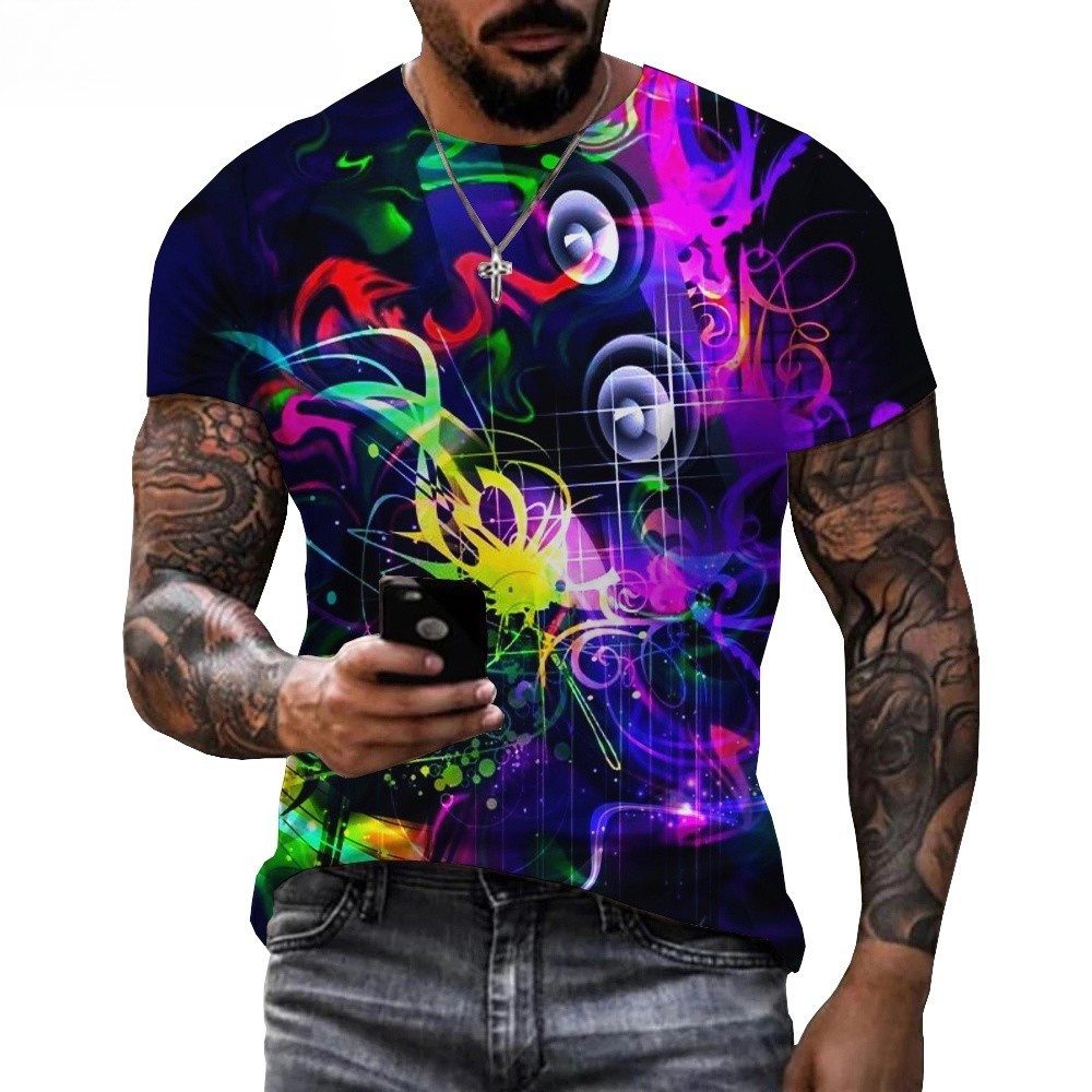 2023ใหม่สไตล์แฟชั่นเพลง Art สี Neon Graffiti 3D เสื้อยืด Rainbow Spray Paint TOP Men Casual Street เสื้อยืดฤดูร้อนใหม่แฟชั่นรอบคอเสื้อยืด