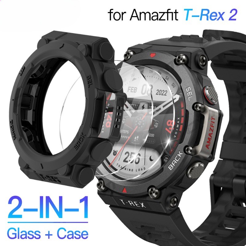 กระจก + สําหรับ Amazfit T-Rex 2 ป้องกันหน้าจอกระจกนิรภัยฟิล์ม & TPU นุ่มกันชนป้องกัน T Rex 2 Rex2 ฝา