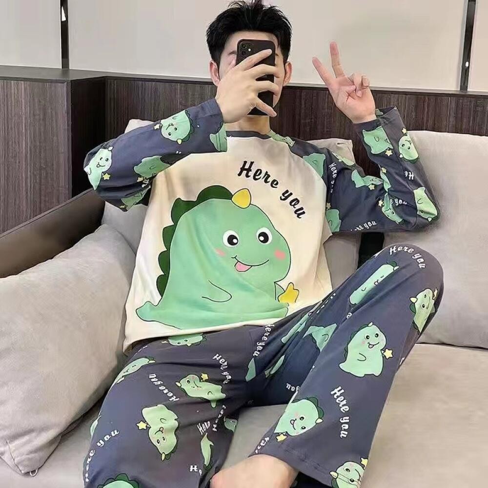 ใหม่บางชุดนอนผู้ชายขนาดบวกม-xxxlแฟชั่นการ์ตูนลูกเรือคอเสื้อสวมหัวแขนยาวกางเกงขายาวเอวยางยืดสามารถสวมใส่นอกสบายหลวมสบายๆชุดนอนบ้านเสื้อผ้า 2พีซี