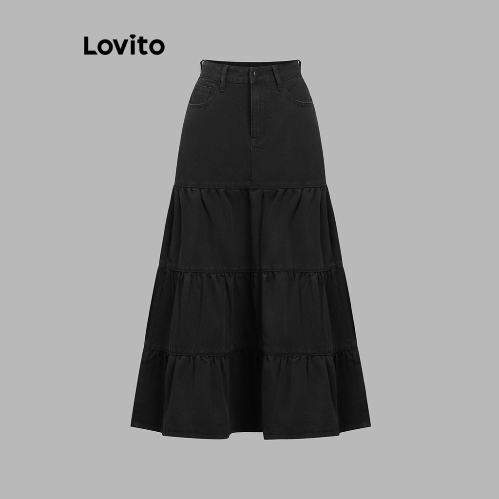 Lovito กระโปรงยีนส์พลีทธรรมดาสองชั้นล้างดิบสองชั้นสำหรับผู้หญิง L106AD411