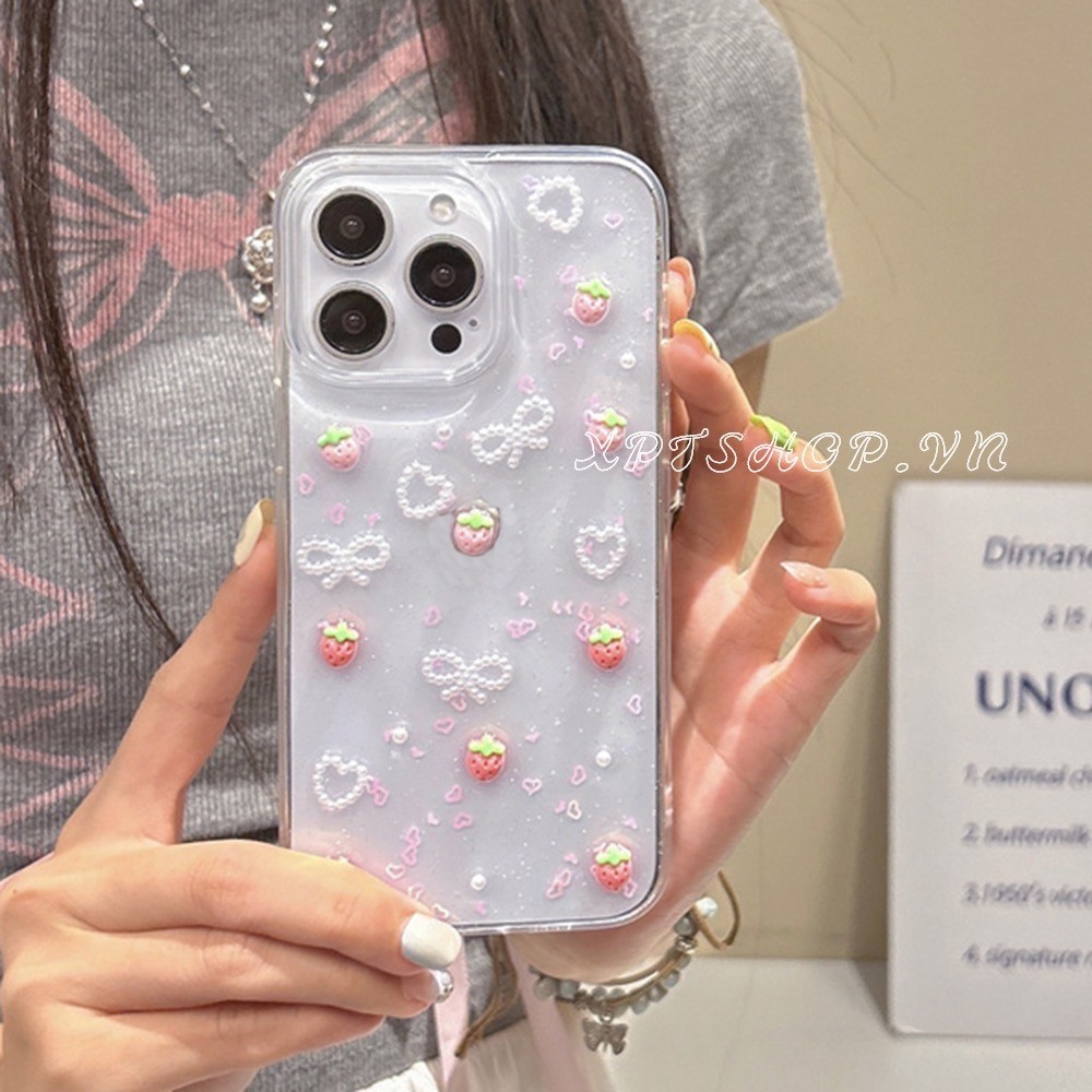 สามมิติสตรอเบอร์รี่มุกเรซิ่นเคสโทรศัพท์สําหรับiphone 16ProMax 16Pro 16Plus 15ProMax 14 13 12 11ProMaxคลุมทั้งหมดกันกระแทกป้องกันปลอก