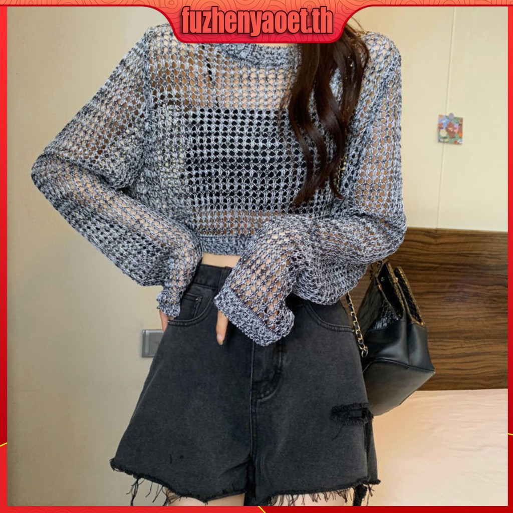 Zwinz2 เสื้อยืดซีทรู แขนยาว ผ้าตาข่ายถักโครเชต์ ฉลุลาย แฟชั่นฤดูร้อน สําหรับผู้หญิง