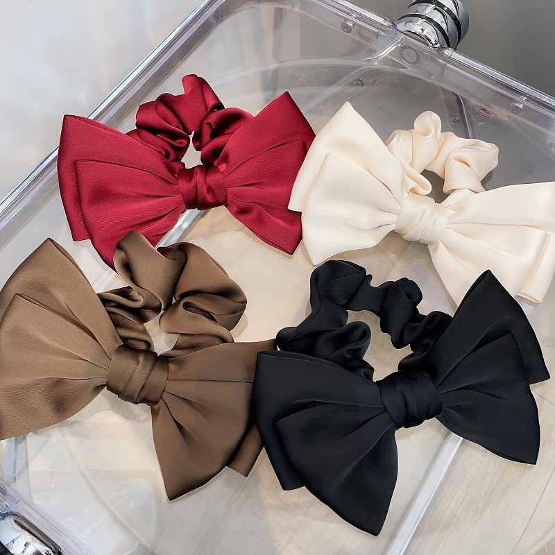 สีทึบผ้าโบว์แหวนผมผู้หญิงอารมณ์ระดับไฮเอนด์ Scrunchie ความยืดหยุ่นสูงอุปกรณ์เสริมผม