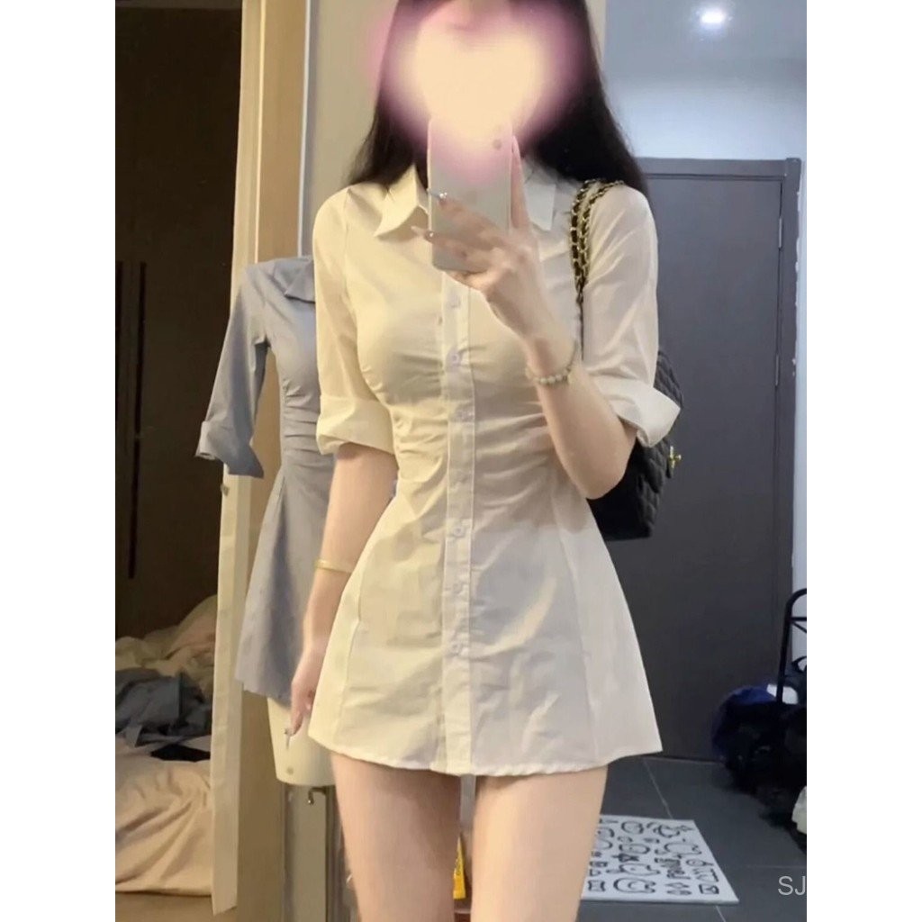 Pleated Lapel2024Hot Girl Top Sexy Adult Lady like Woman Slim Shirt Slimming Temperament Waist-Controlled Pure Korean Summer