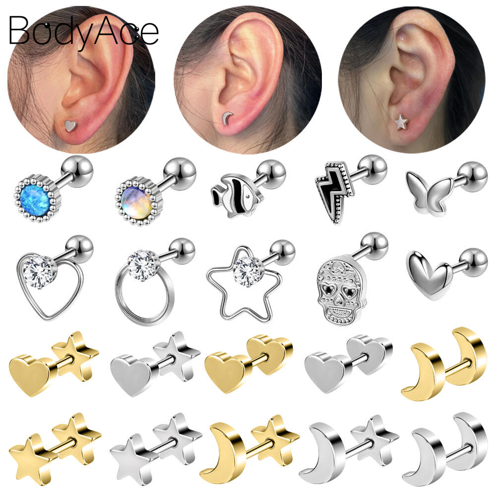 Bodyace Moon ต่างหู 1 Pc สแตนเลสสตีลหูเจาะ 16G/20G ต่างหูสตั๊ด Lobe ต่างหูกระดูกอ่อน Ear Stud คริสตัลเจาะ