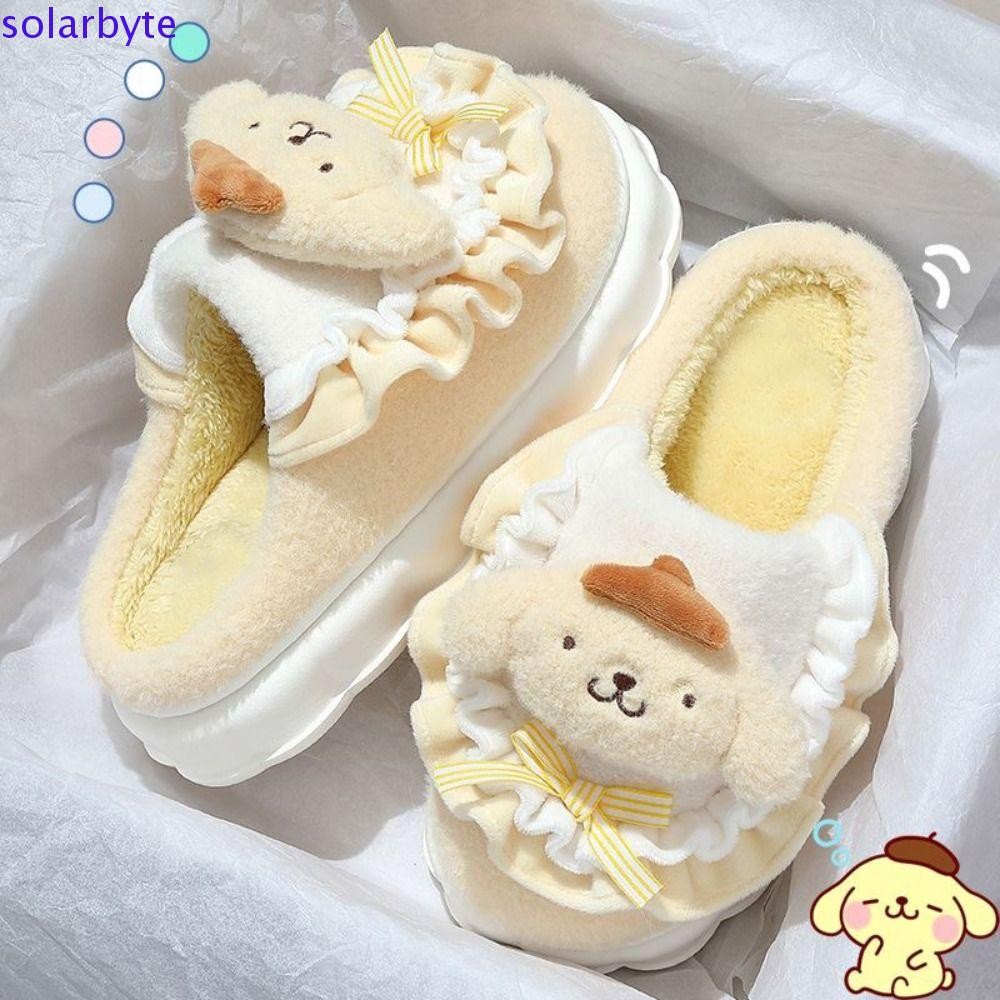 Solarbyte ฤดูหนาวรองเท้าแตะปุย, Pompom Purin Kuromi รองเท้าแตะตุ๊กตานุ่ม, น่ารัก Cinnamoroll Me Melody KT แมวรองเท้าแตะขนสัตว์อบอุ่นผู้หญิง