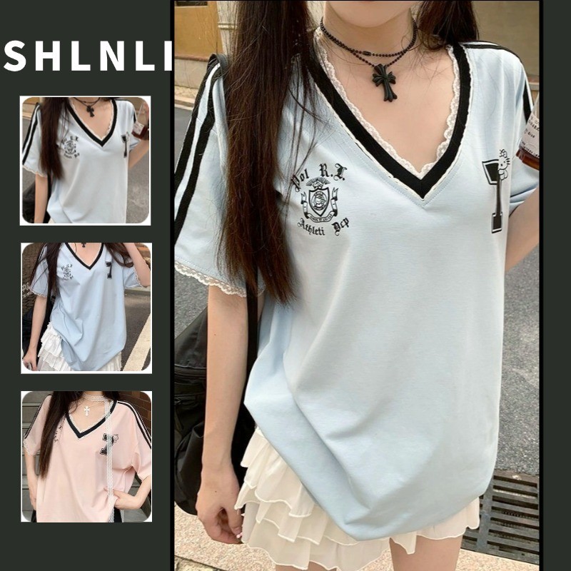 เสื้อยืดคอวีตัดกันสําหรับฤดูร้อนของผู้หญิงหลวมสบายๆพิมพ์แขนสั้นด้านบน