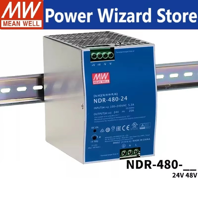 MEAN WELL แหล่งจ่ายไฟ NDR-480 series NDR-480-24 NDR-480-48 480W อุตสาหกรรม DIN รางประเภทเอาต์พุตเดีย