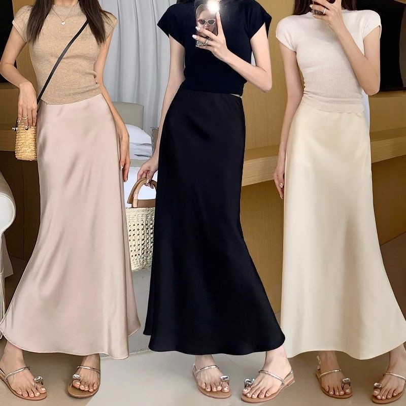 S-6XL 10 สี กระโปรงเอวสูง กระโปรงยาว ผ้าซาติน ทรงหางปลา แฟชั่นสําหรับผู้หญิง