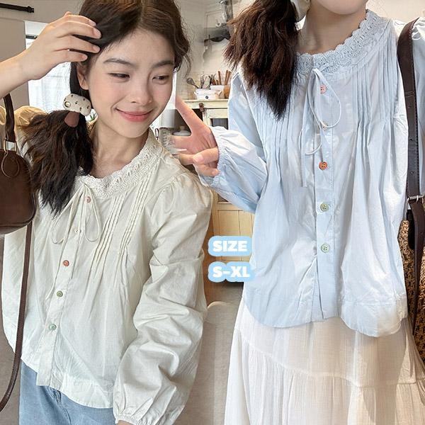 mimi&didi#เสื้อแฟชั่นลูกไม้ฝรั่งเศสหลวมๆ เสื้อเชิ้ตสำหรับผู้หญิง ดีไซน์กระดุมสีสันสดใส คอกลม แขนยาว เหมาะกับฤดูร้อน#W618