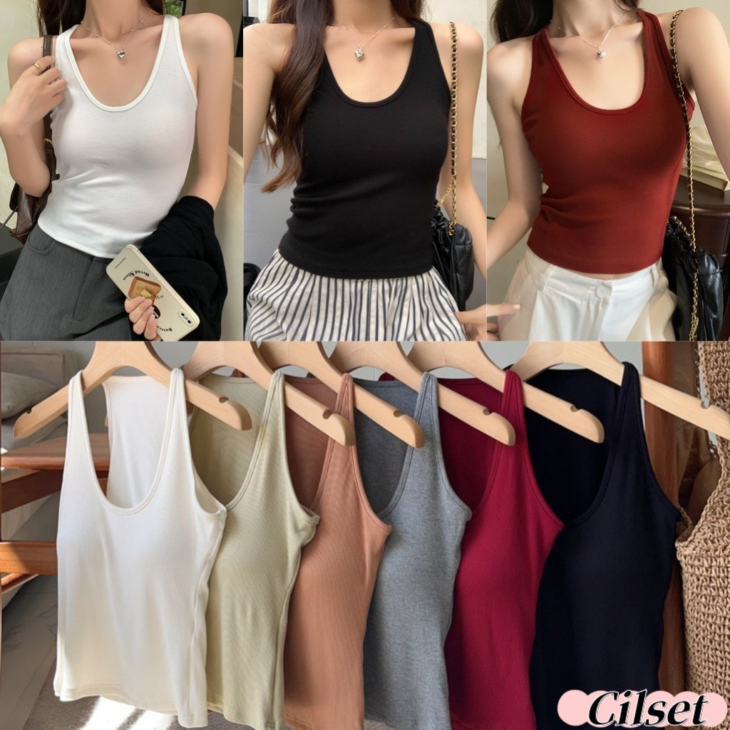 Cilset🛒พร้อมส่ง🎀เสื้อกล้าม มีฟองน้ำ มีหลายสีให้เลือก สีพื้นยืดกำลังดี ฤดูร ้ อนอเมริกัน Retro สีทึบแขนกุดSlim Top /FY298