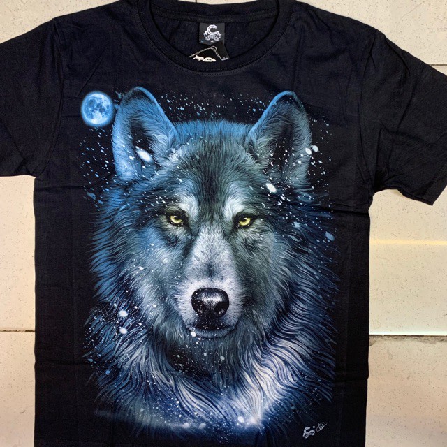 เสื้อยืดแขนสั้นพิมพ์ลายหมาป่าสีดำสำหรับผู้ชาย ไซส์ใหญ่ XL ใส่สบาย