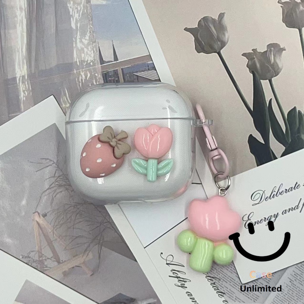 สําหรับ Ugreen Hitune S3 เคส Case เคสหูฟังสตรอเบอร์รี่ใสกุหลาบและจี้