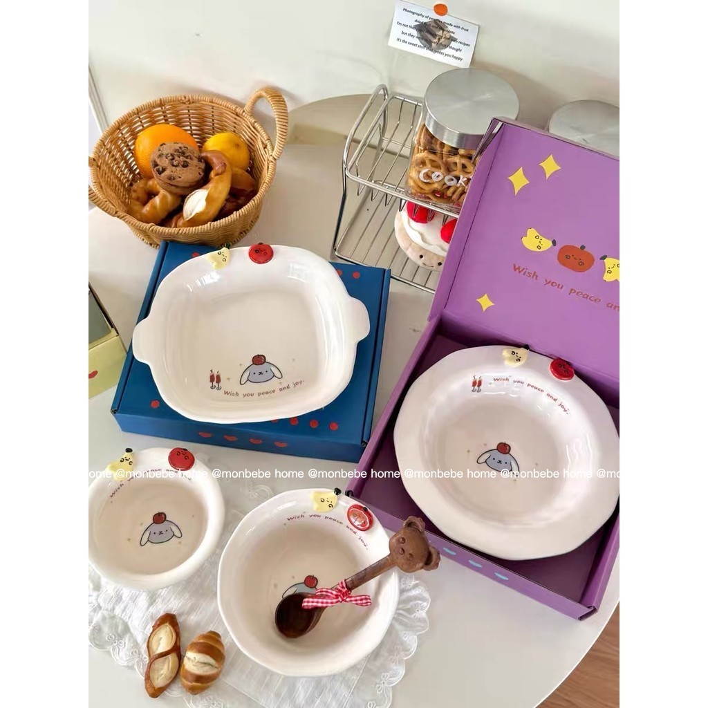 จานเซรามิก จานเซรามิกลายกระต่ายกล้วย🍌🍎แอปเปิ้ล3dน่ารัก บรรจุกล่องของขวัญ พร้อมส่ง