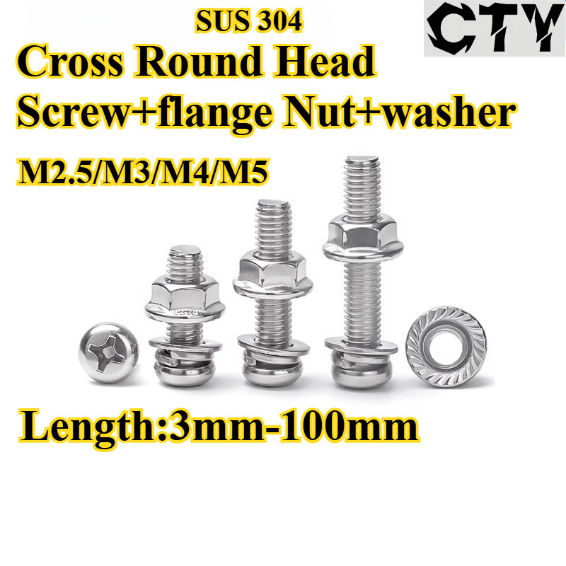 [CTY-SZYTZH] All in Stock SUS304 Cross Round Head Screw+flange Nut+washer Four Piece Combine M2.5/M3