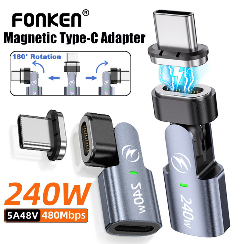 อะแดปเตอร์แม่เหล็ก Fonken PD240W 180° การหมุนตัวแปลงการชาร์จ USB-C เป็น Type-C ตัวเชื่อมต่อข้อมูล 480Mbps สําหรับโทรศัพท์ 16/15 Pad Series แท็บเล็ต