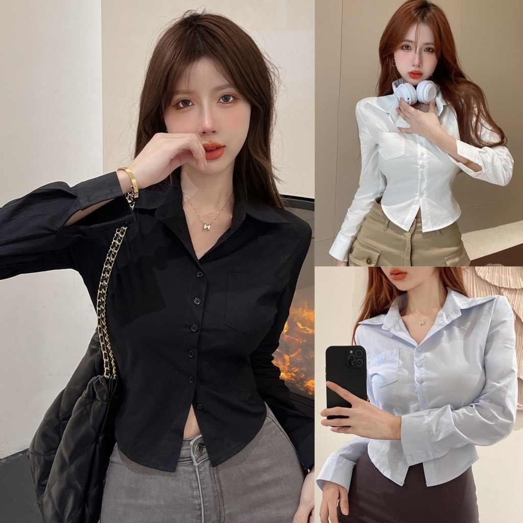 ccute  พร้อมส่ง  เสื้อเชิ้ตแขนยาว มีถึงไซส์S-7XL สีดำ ขาว ฟ้า ทรงครอป รัดบอดี้ ชุดทำงาน