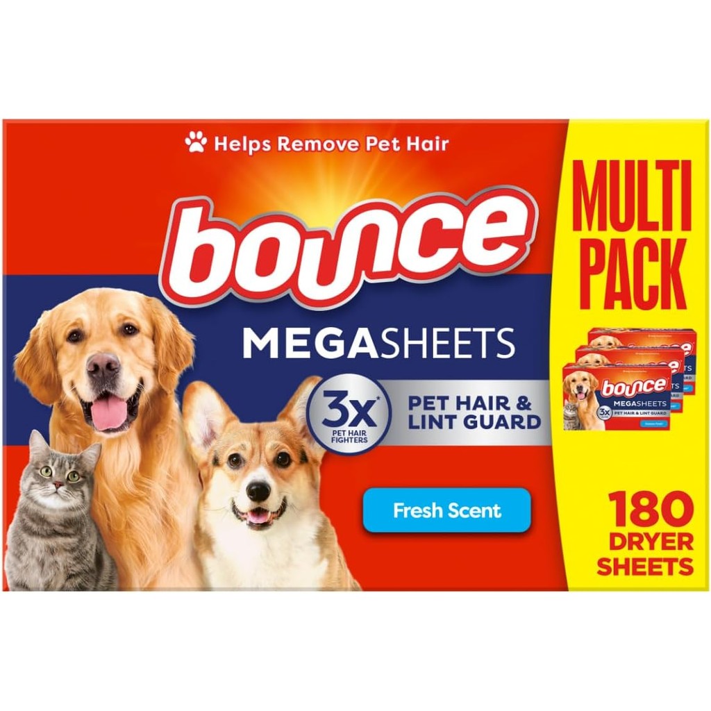 Bounce Pet Hair and Lint Guard Mega Fabric Softener Dryer Sheets with 3X Pet Hair Fighters, Fresh Sc