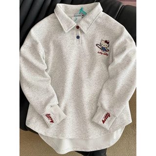 เสื้อผู้หญิงหลวมสไตล์วิทยาลัย ลายคิตตี้ มีปุ่มสี