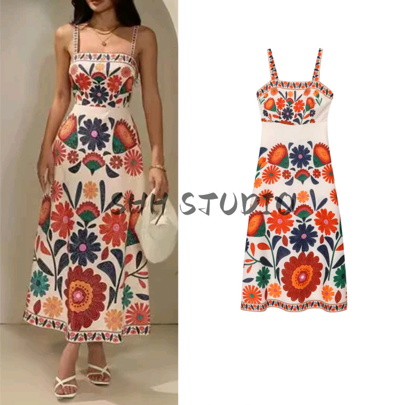 ชุดสลิงยาว Zara ดีไซน์เอวสูง A-Line ทำจากผ้าฝ้ายลินินคุณภาพดี