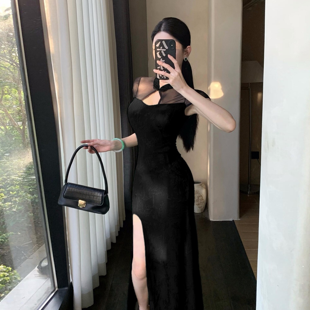 ชุดกี่เพ้าผ้าชีฟองสีดําผ่าราตรี | 0362