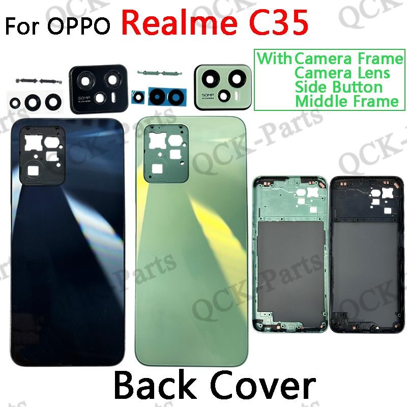 ฝาครอบด้านหลังสําหรับ OPPO Realme C35 กรอบกลาง + กรอบเลนส์กล้อง + เลนส์กล้อง + ปุ่มด้านข้าง