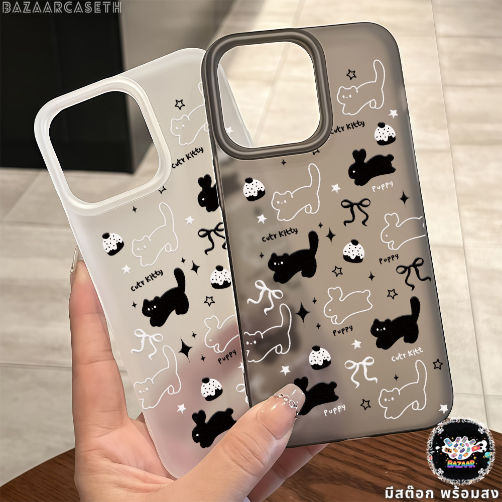 สต๊อกไทย เคสไอโฟน11 แมาดำ กระต่าย เคสใสแบบด้าน For IPhone13 11 12 14 6/7/8PLUS 15 16ProMAX X XR XSMAX ป้องกันมือถือ
