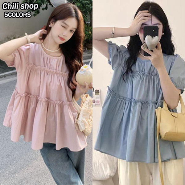 Chili#เสื้อเชิ้ตแขนพองคอกลมหลวมๆ สไตล์เกาหลีสำหรับผู้หญิง เสื้อเชิ้ตเด็กฤดูร้อน#W630