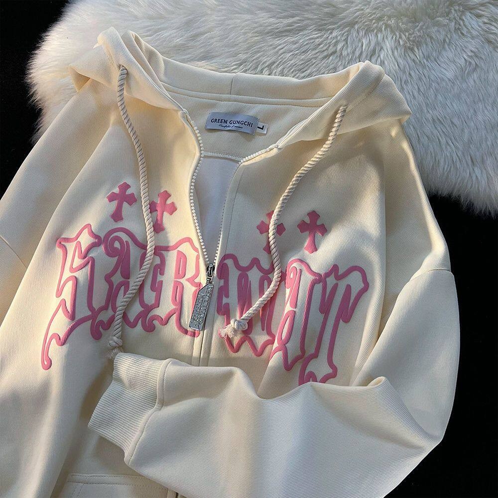 Y2k Zip Hoodie สําหรับเด็กผู้หญิงผู้หญิงเกาหลีสไตล์ street แฟชั่นเสื้อลําลองขนาดใหญ่