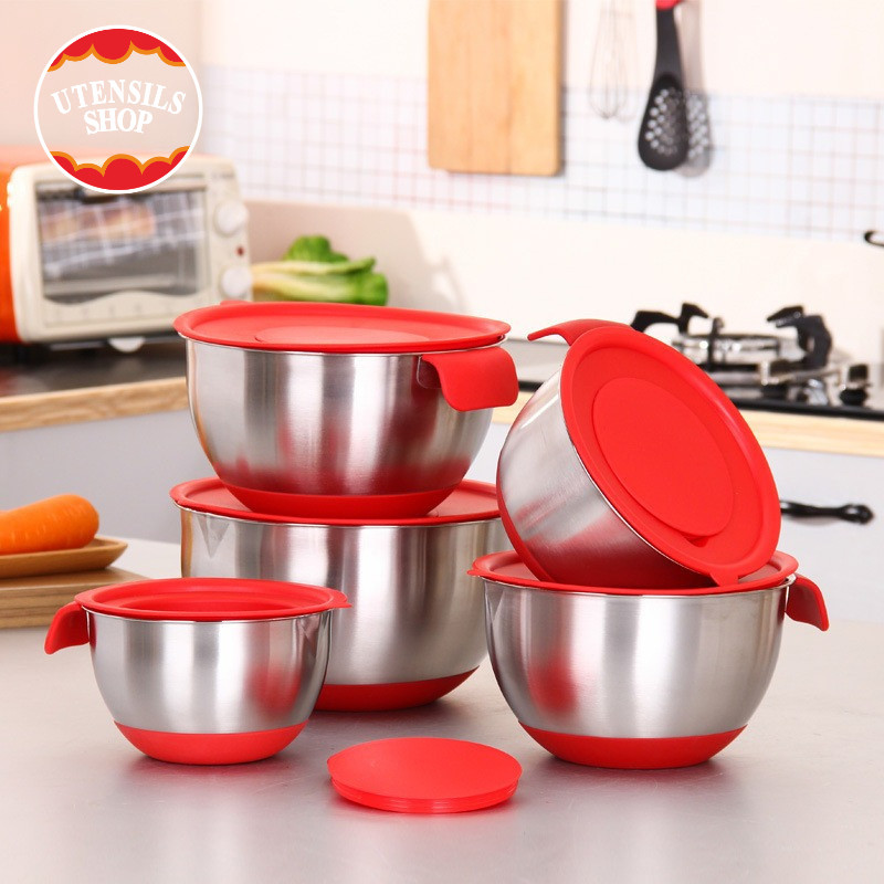 UTENSILS ชามผสม ชามผสมสแตนเลส ไม่เป็นสนิม ถ้วยผสม ชามตีไข่ลึก ชามผสมมีหูจับ ชามผสมแป้งพร้อมฝา 1 ใบ