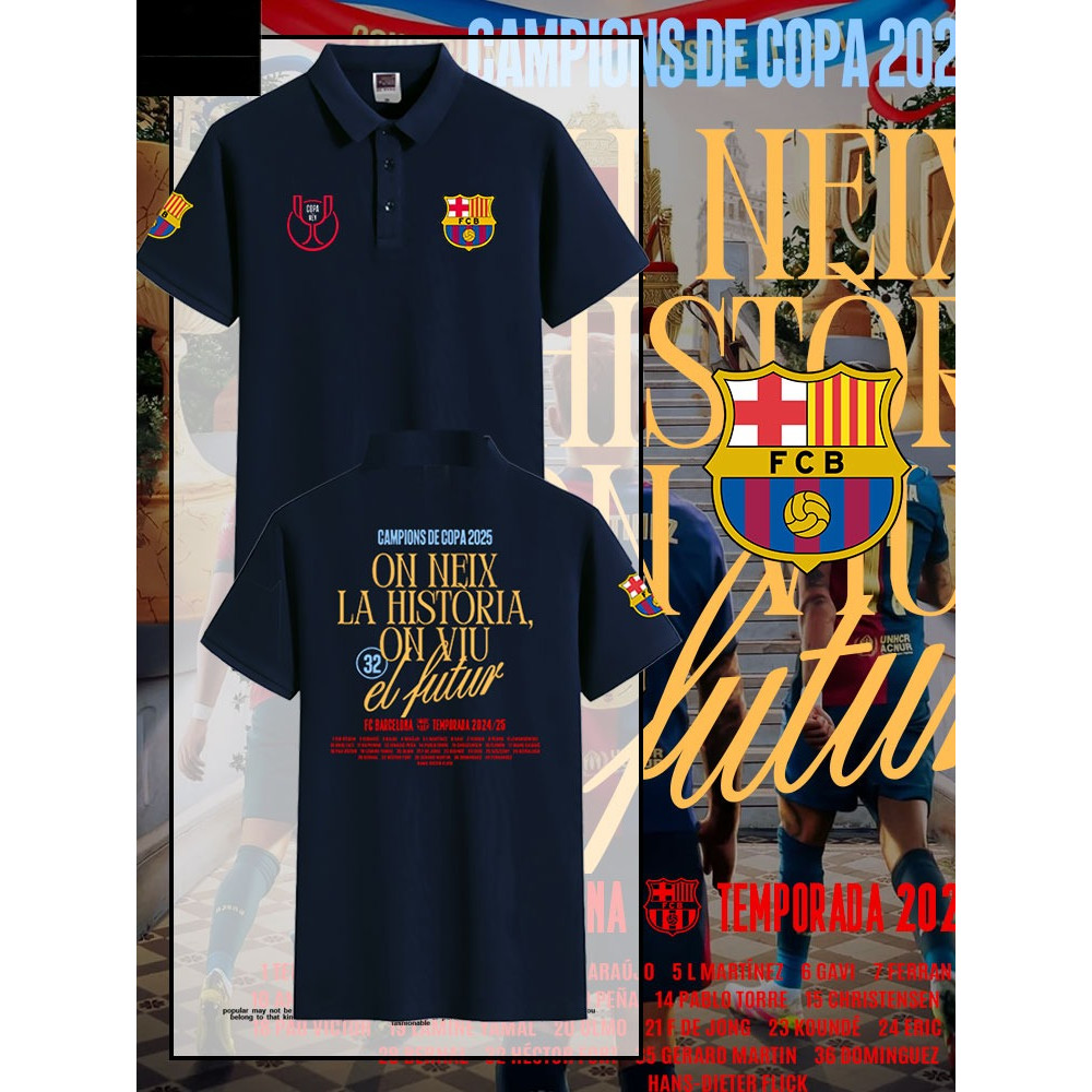 เสื้อโปโลแฟนบอลที่ระลึกการแข่งขันฟุตบอล King's Cup บาร์เซโลน่า ประจำปี 2025 ปกเสื้อแบบมีปก แขนสั้น