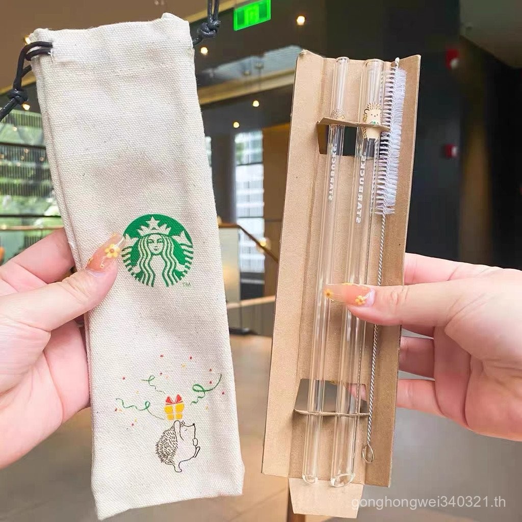 Breeze Cup. Starbucks Straw Hedgehog Gospel glass material can be recycled and used for general purposes, straw brush cloth bag 22 cm. KDFG