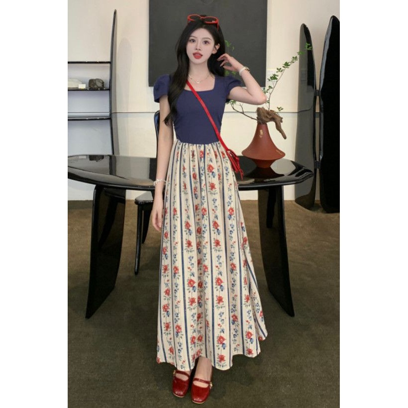 Plus ขนาดผู้หญิงภาษาฝรั่งเศสคํา Retro แขนสั้นชุดดอกไม้ผู้หญิงฤดูร้อนไขมัน mm เอวแคบ Slimmer ดูวันหยุ