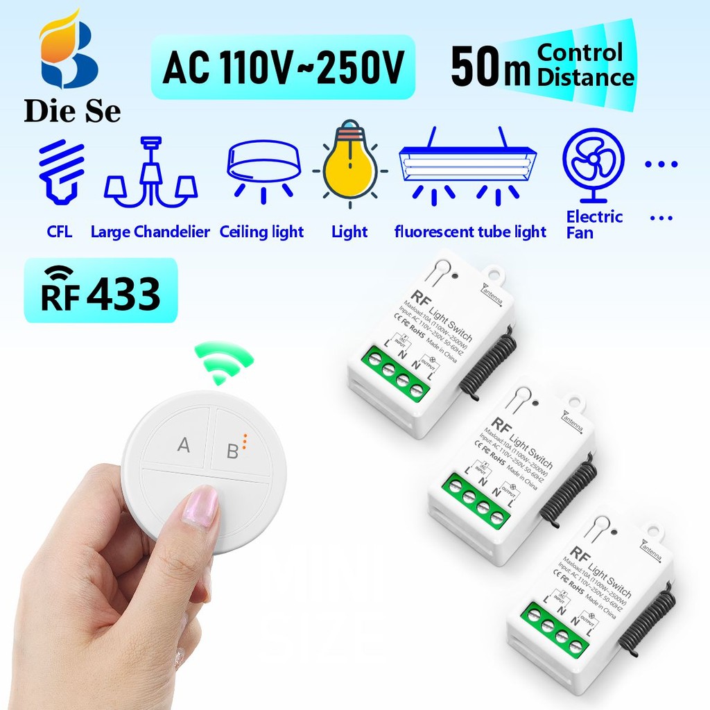 สวิตช์ควบคุมระยะไกลไร้สายขนาดเล็ก,สวิตช์ 1/2/3/4 Gang,RF 433MHz AC 110V 220V 10A สวิตช์ไฟ