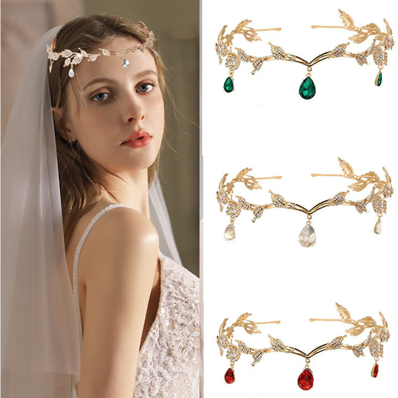 Elegant Rhinestone Leaf งานแต่งงาน Tiaras มงกุฎคริสตัล Pendent Tiara แถบคาดศีรษะสําหรับเจ้าสาวเพื่อนเจ้าสาววันเกิด Crown คอสเพลย์อุปกรณ์เสริมสําหรับผู้หญิง
