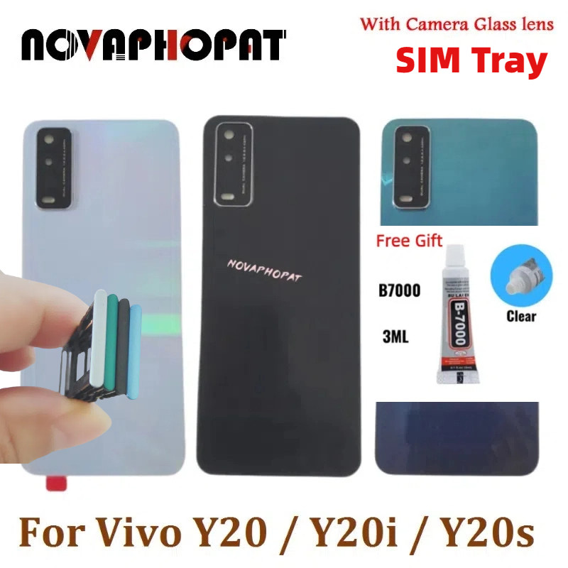 Novapumpat สําหรับ Vivo Y20 Y20S Y20i แบตเตอรี่ด้านหลังด้านหลังประตูฝาครอบกรณีถาด SIM ผู้ถือการ์ด Tr